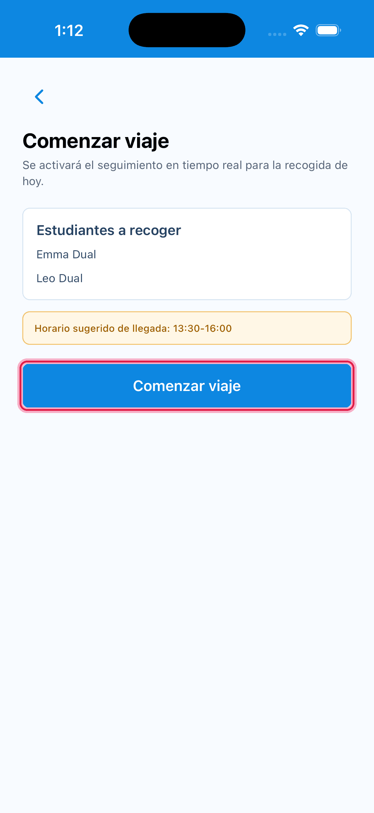 Confirmación de estudiantes con el botón Comenzar viaje resaltado