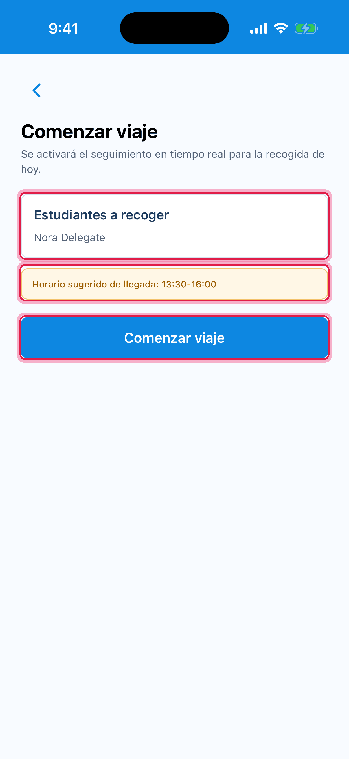Pantalla Comenzar viaje con estudiantes, horario y botón resaltados