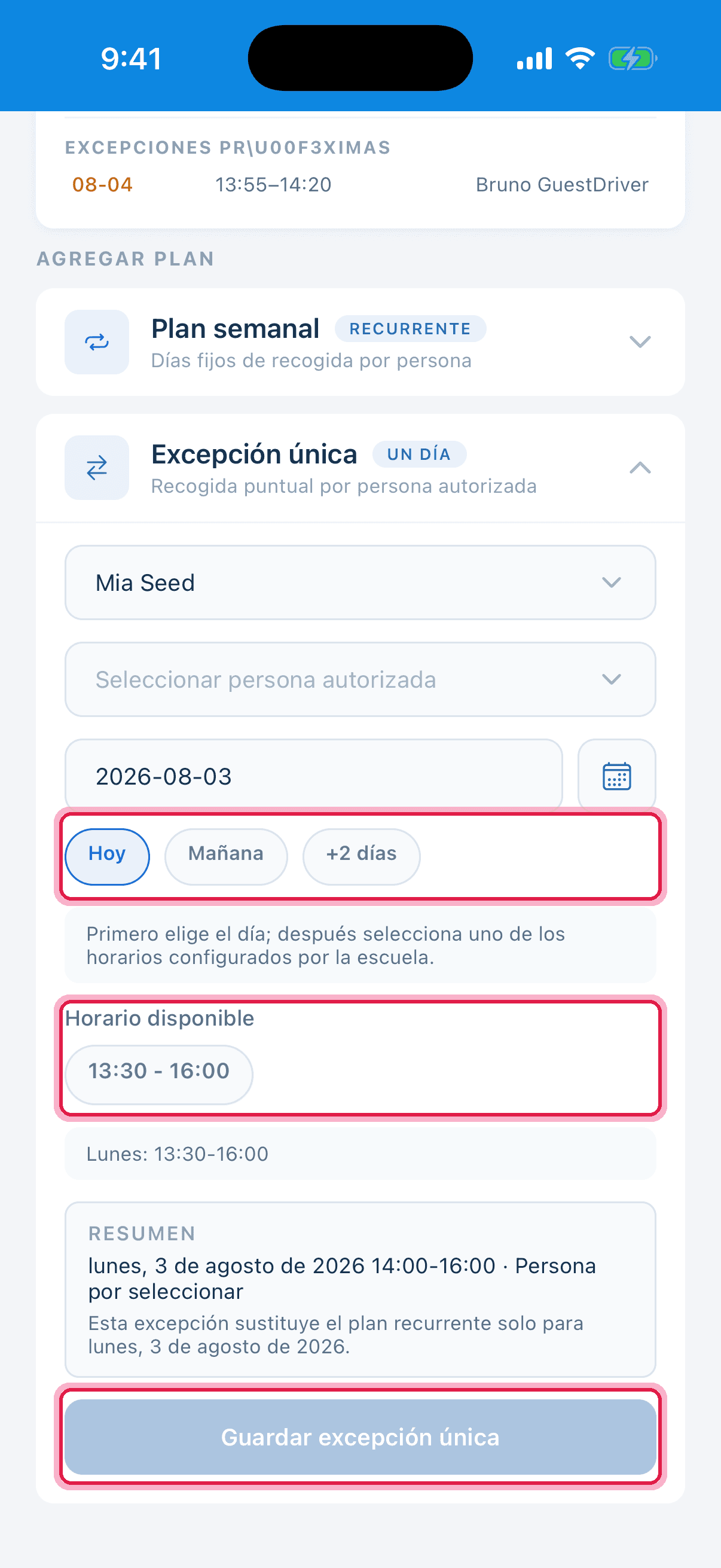 Formulario de excepción única con fecha, horario y botón de guardar resaltados