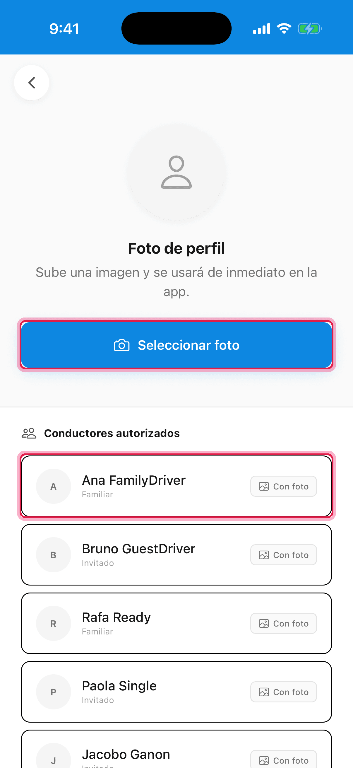 Pantalla de foto de perfil y lista de conductores resaltadas