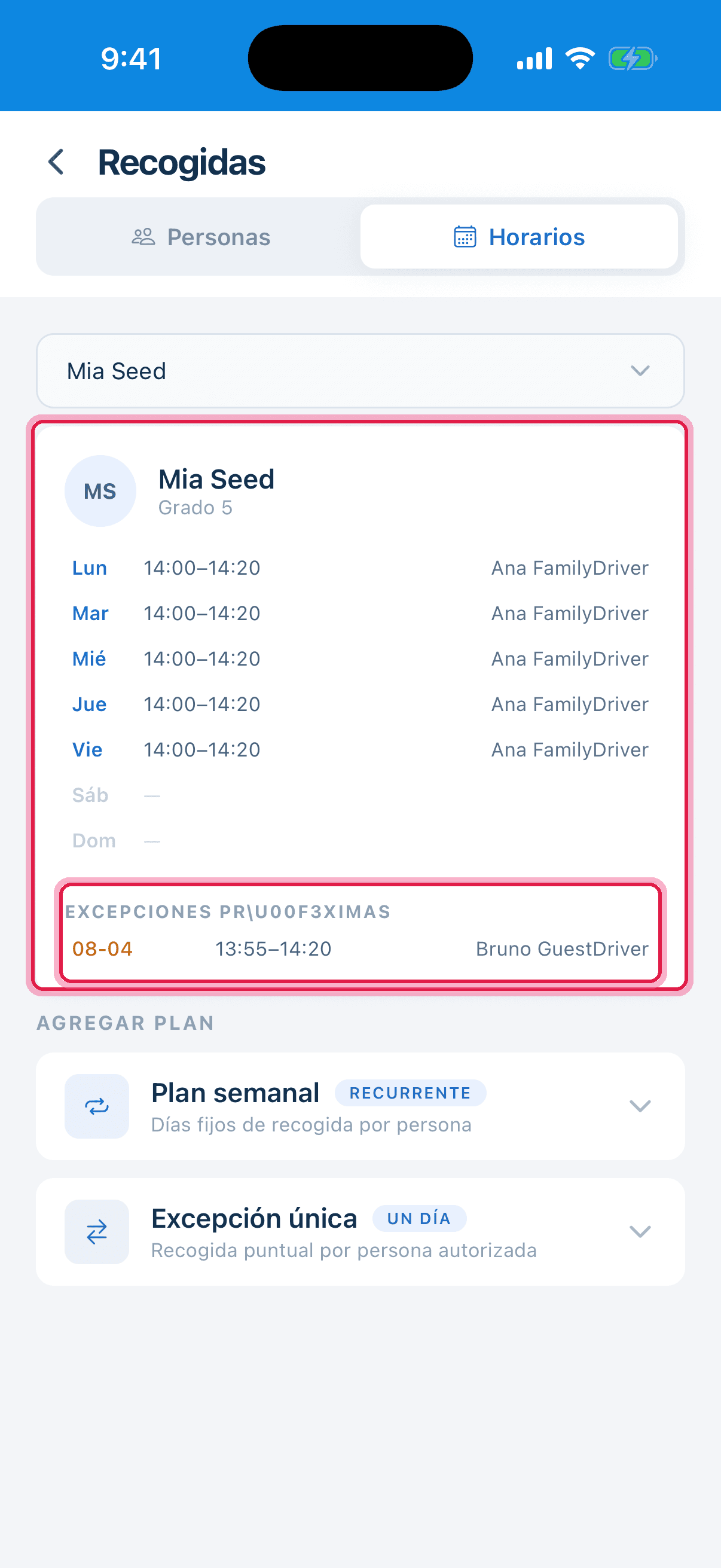 Semana del estudiante con plan actual y excepciones resaltados