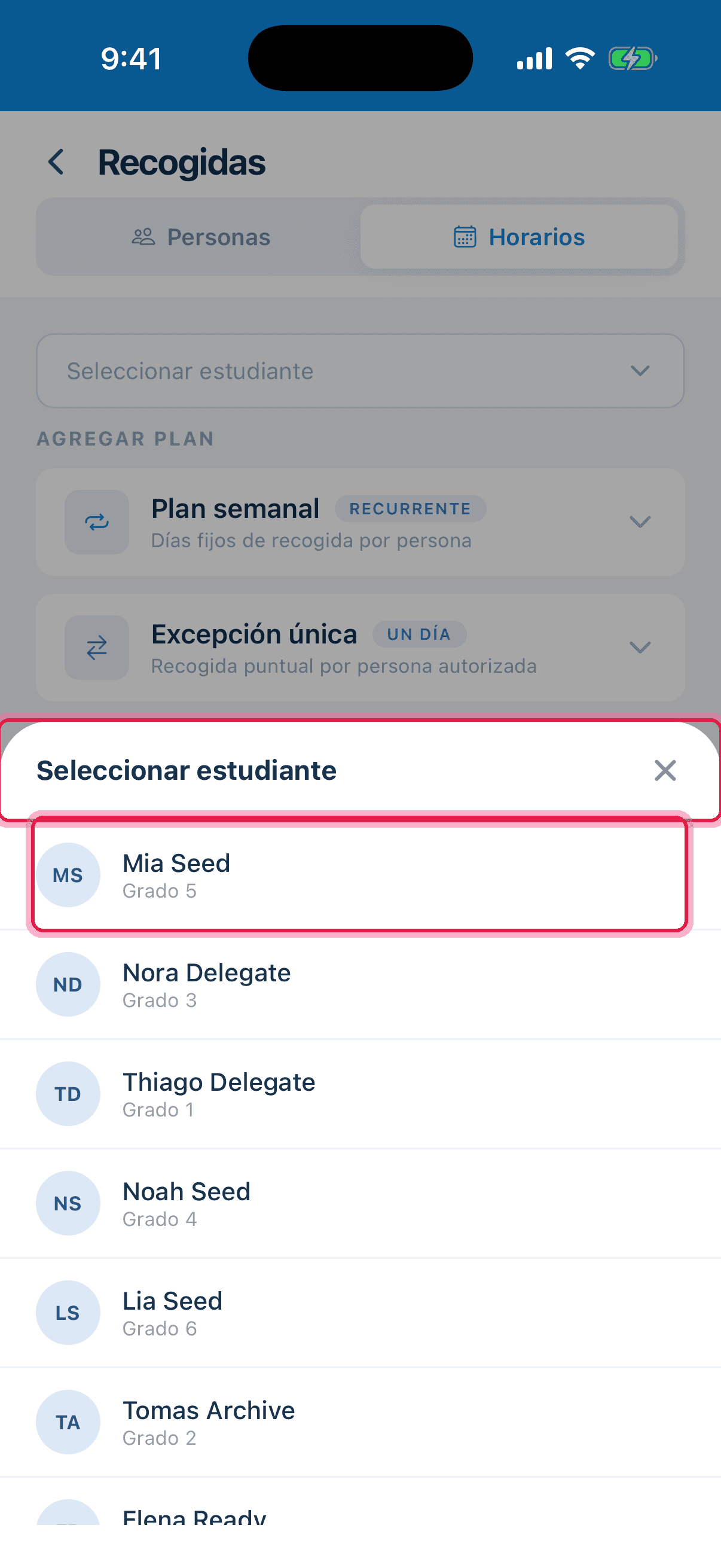 Selector de estudiante en la pantalla Horarios