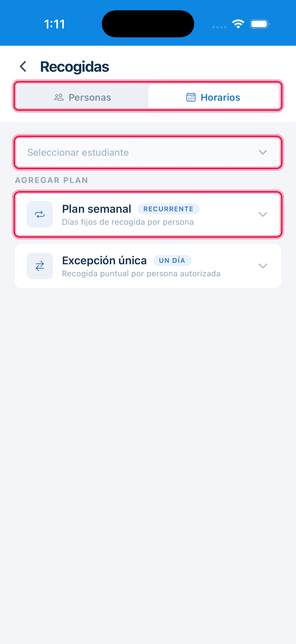 Pantalla Horarios con el selector de estudiante y Plan semanal resaltados