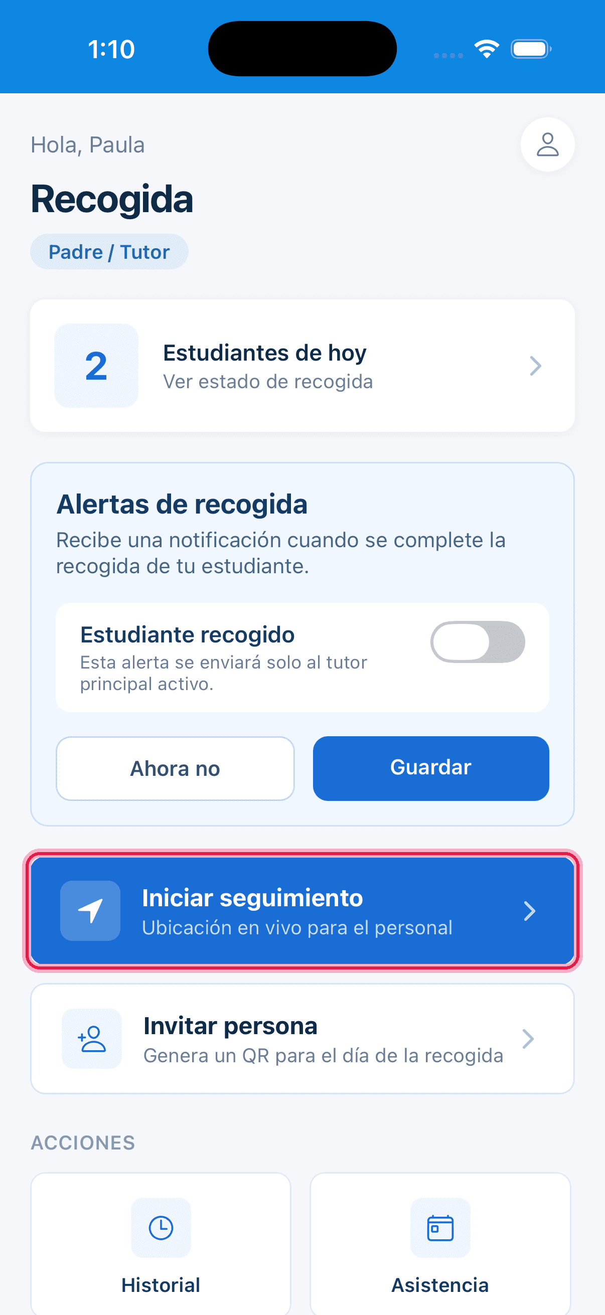 Pantalla principal de DiME con Iniciar seguimiento resaltado