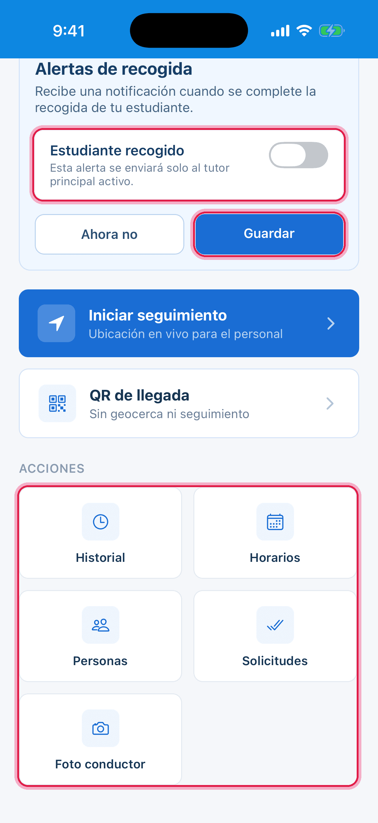 Alerta de estudiante recogido y cuadrícula de acciones resaltadas