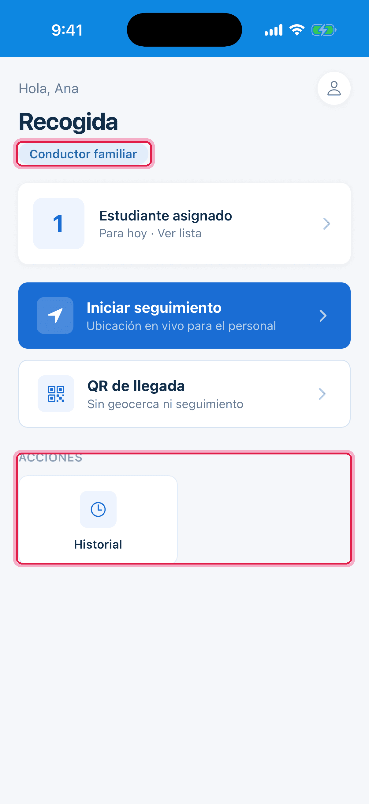 Inicio del conductor familiar con rol y acciones reducidas resaltados