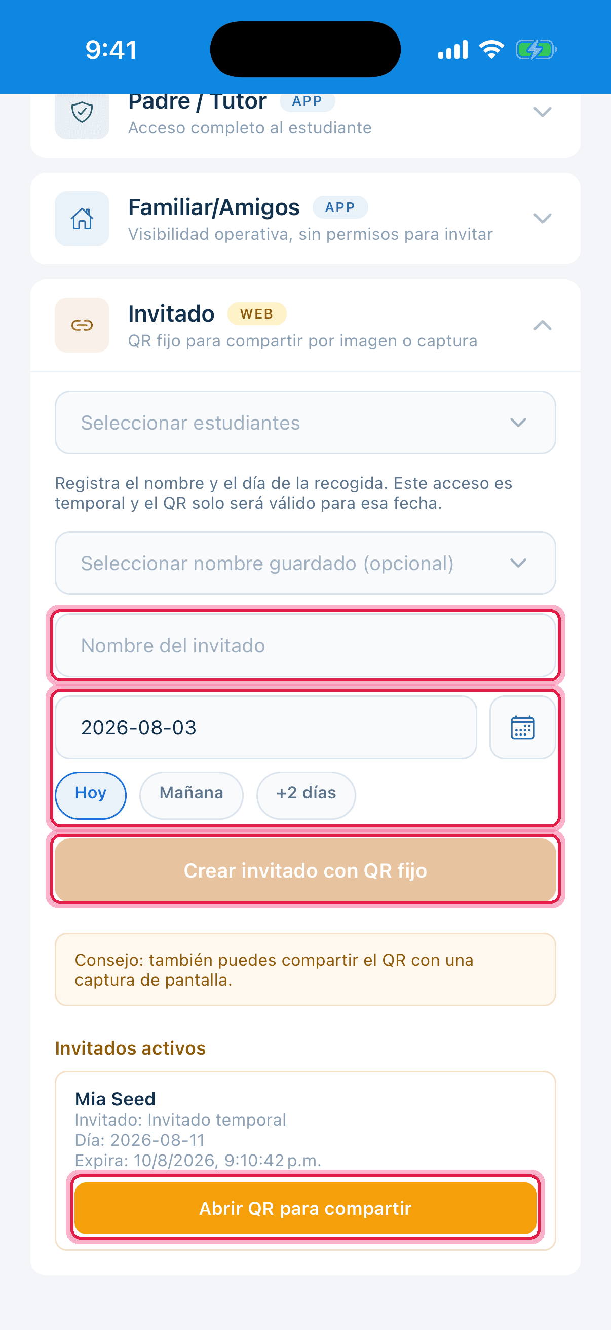 Formulario de invitado con nombre, fecha y botón de crear resaltados