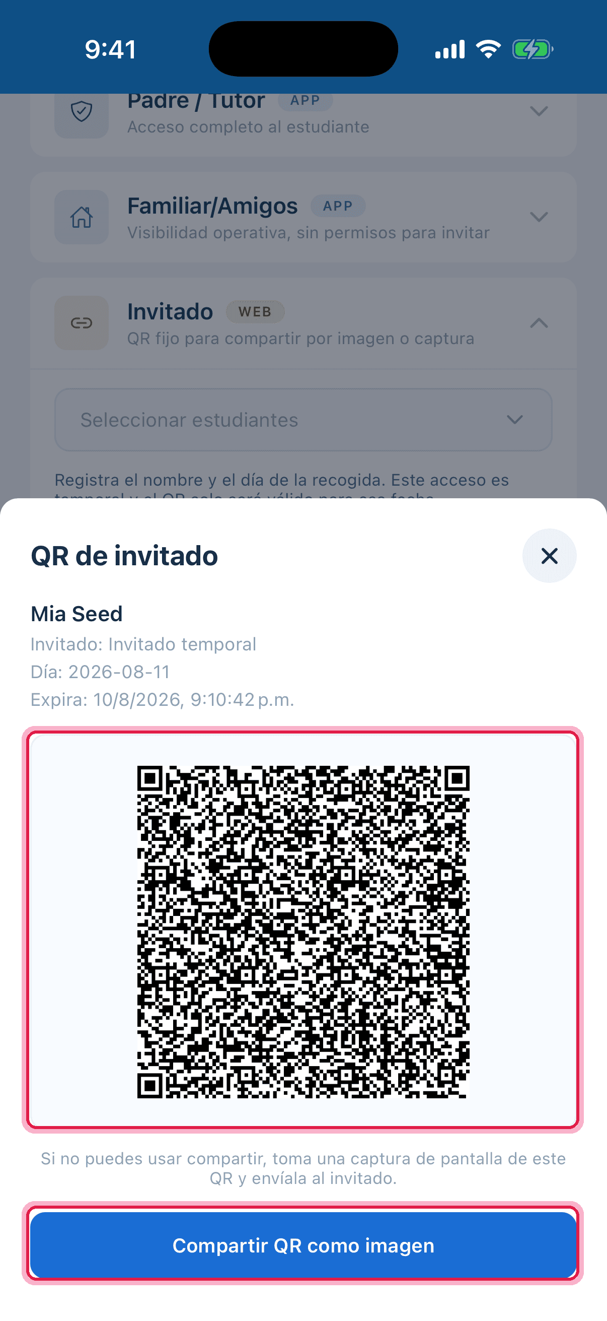 QR del invitado con el código y el botón para compartir resaltados