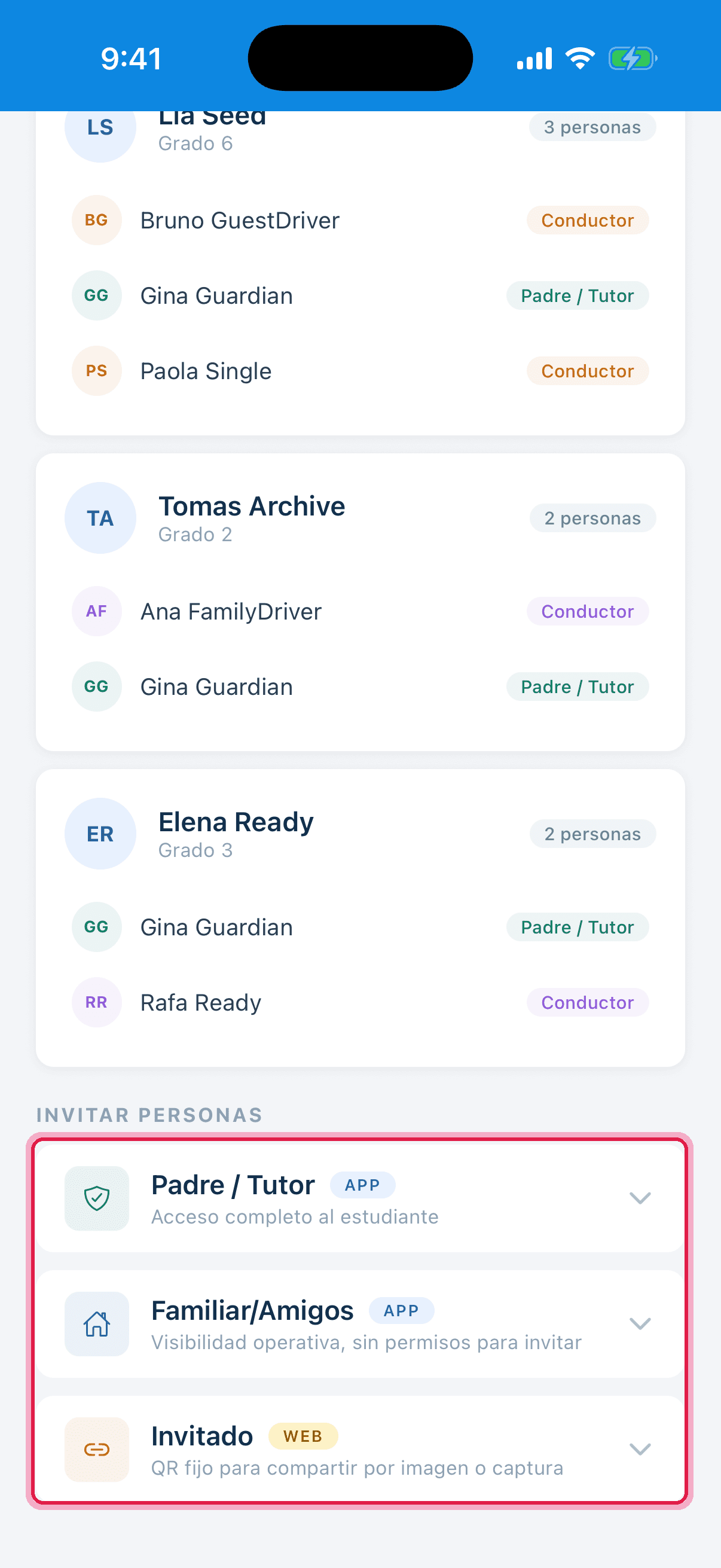 Opciones para invitar tutor, familiar o invitado resaltadas