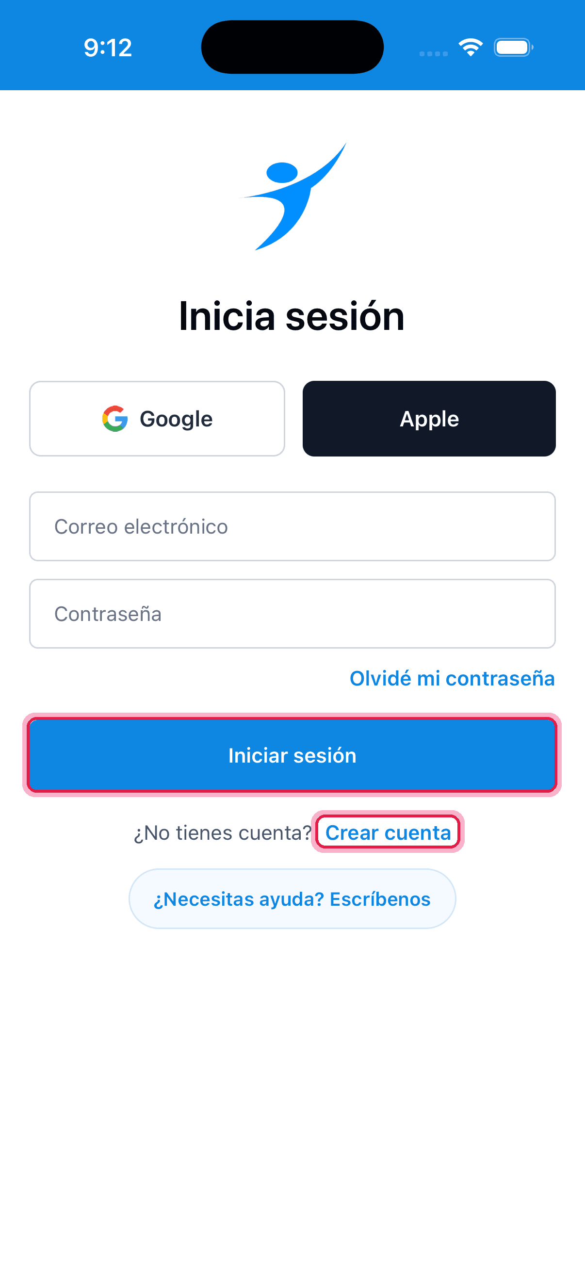 Pantalla de inicio de sesión con Iniciar sesión y Crear cuenta resaltados