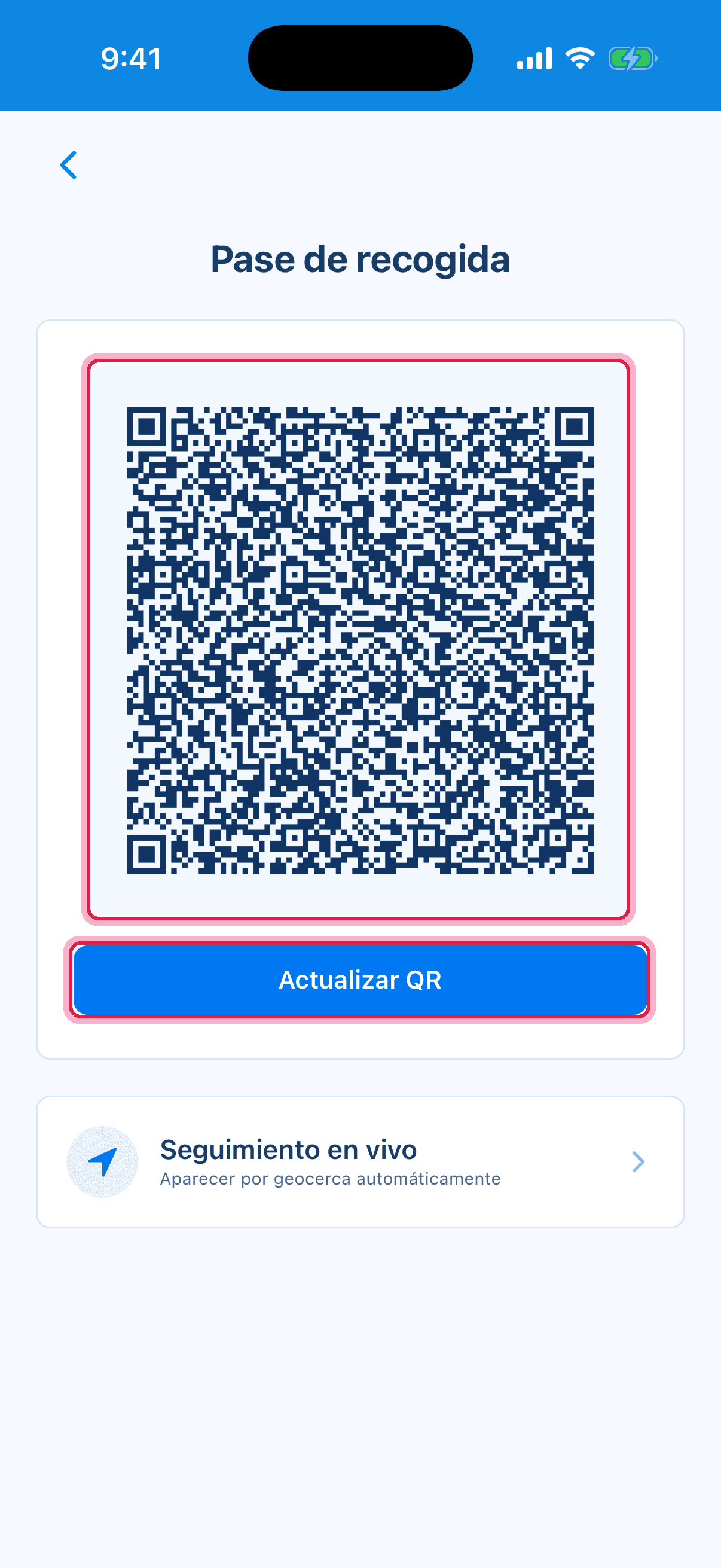 Pase de recogida con código QR y botón Actualizar resaltados