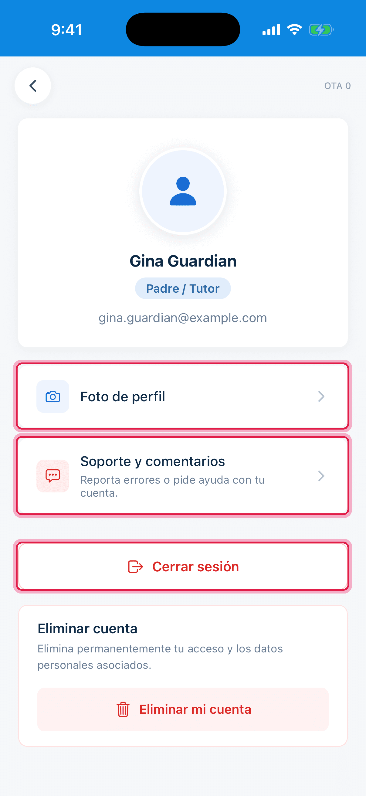Perfil con foto, soporte y cerrar sesión resaltados