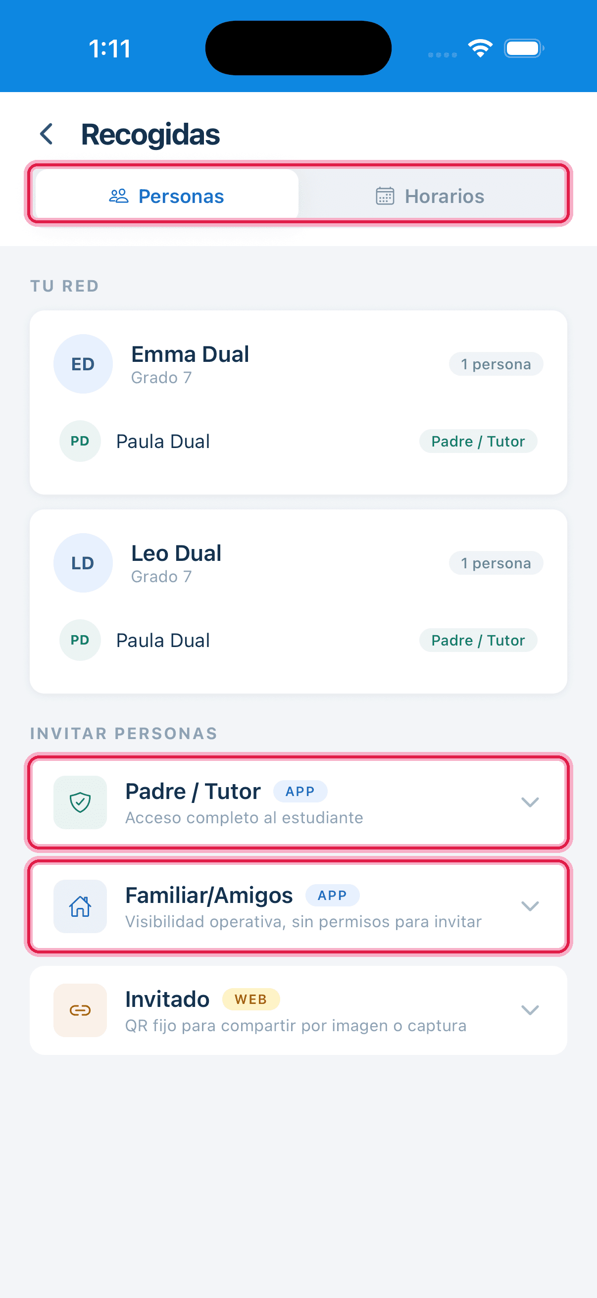 Pantalla Personas con la red familiar y los accesos principales resaltados