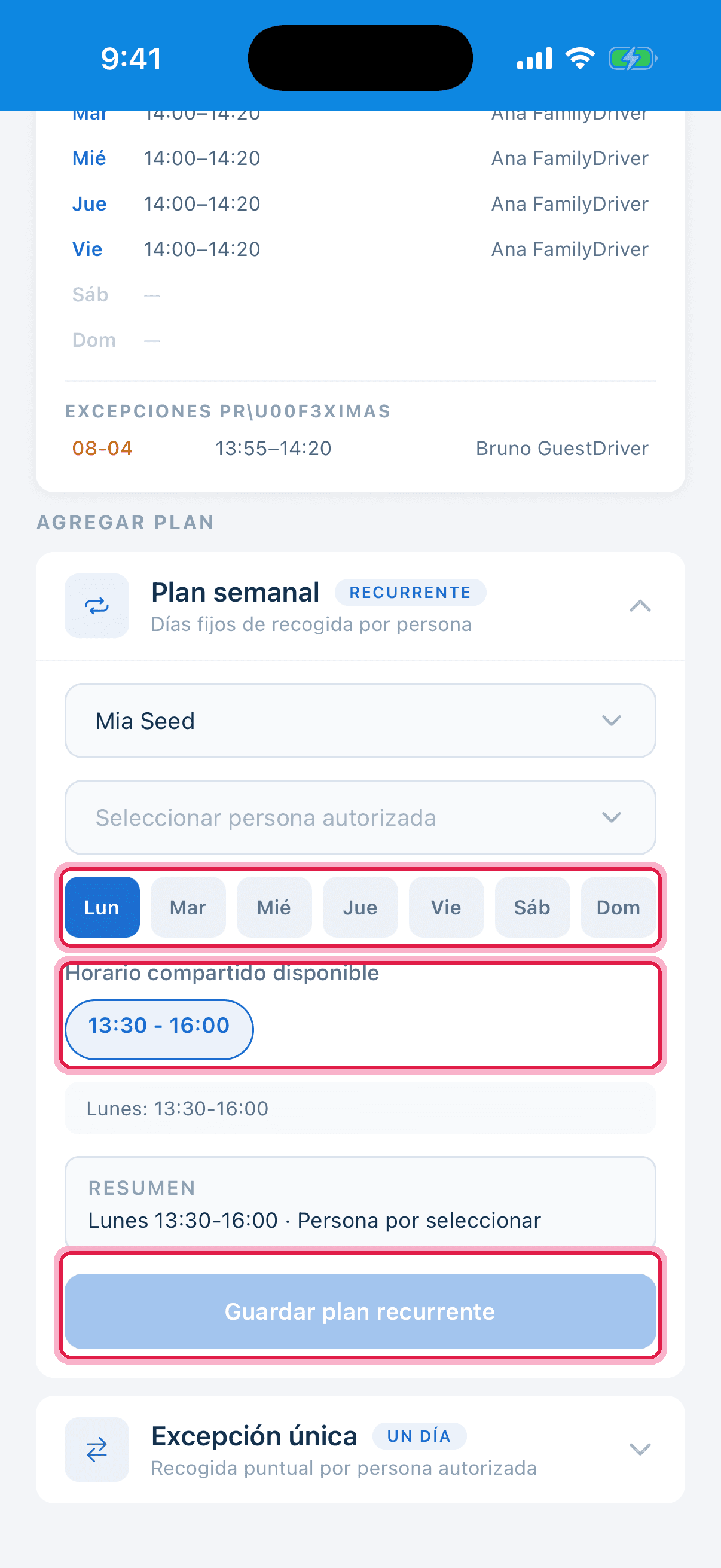 Formulario del plan semanal con días, horario y botón de guardar resaltados
