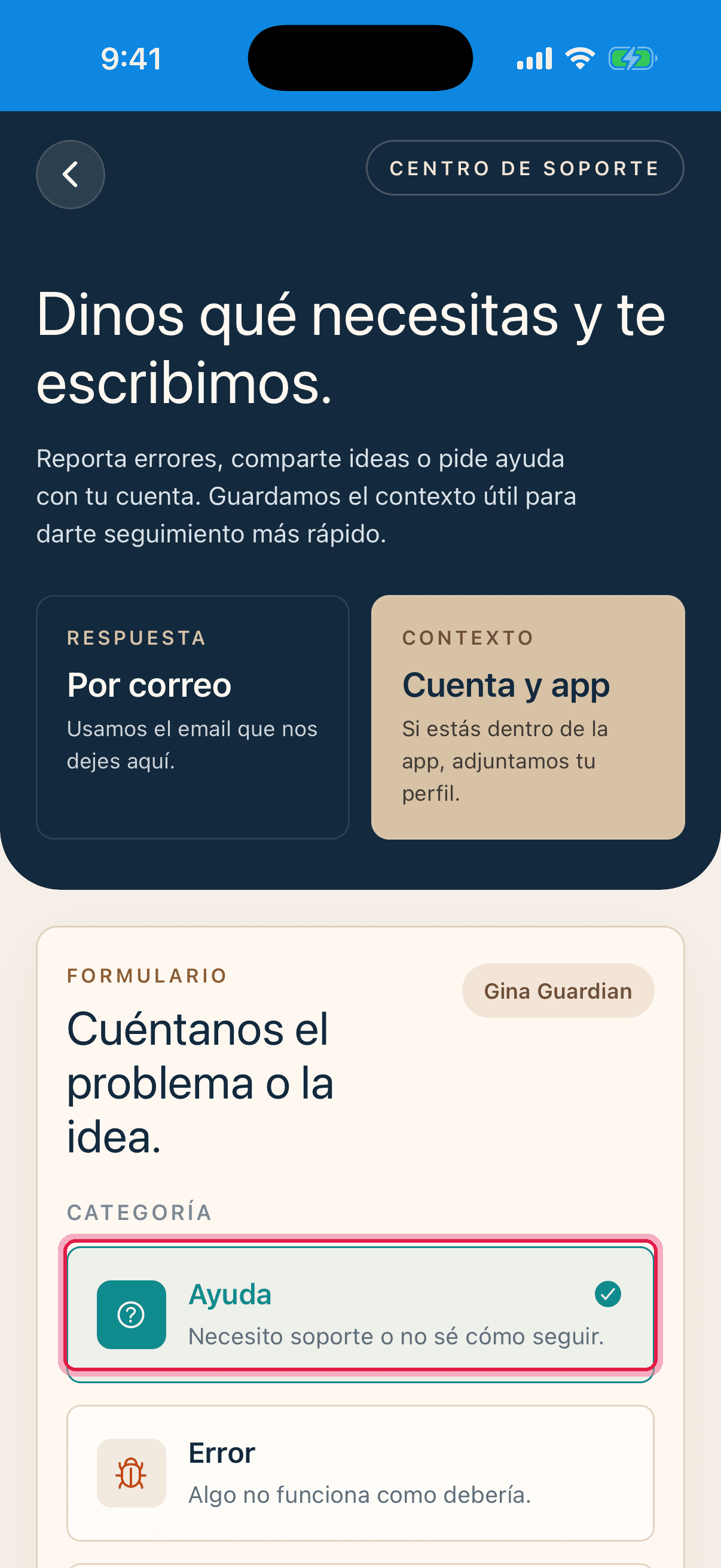Centro de soporte con formulario y botón de enviar resaltados