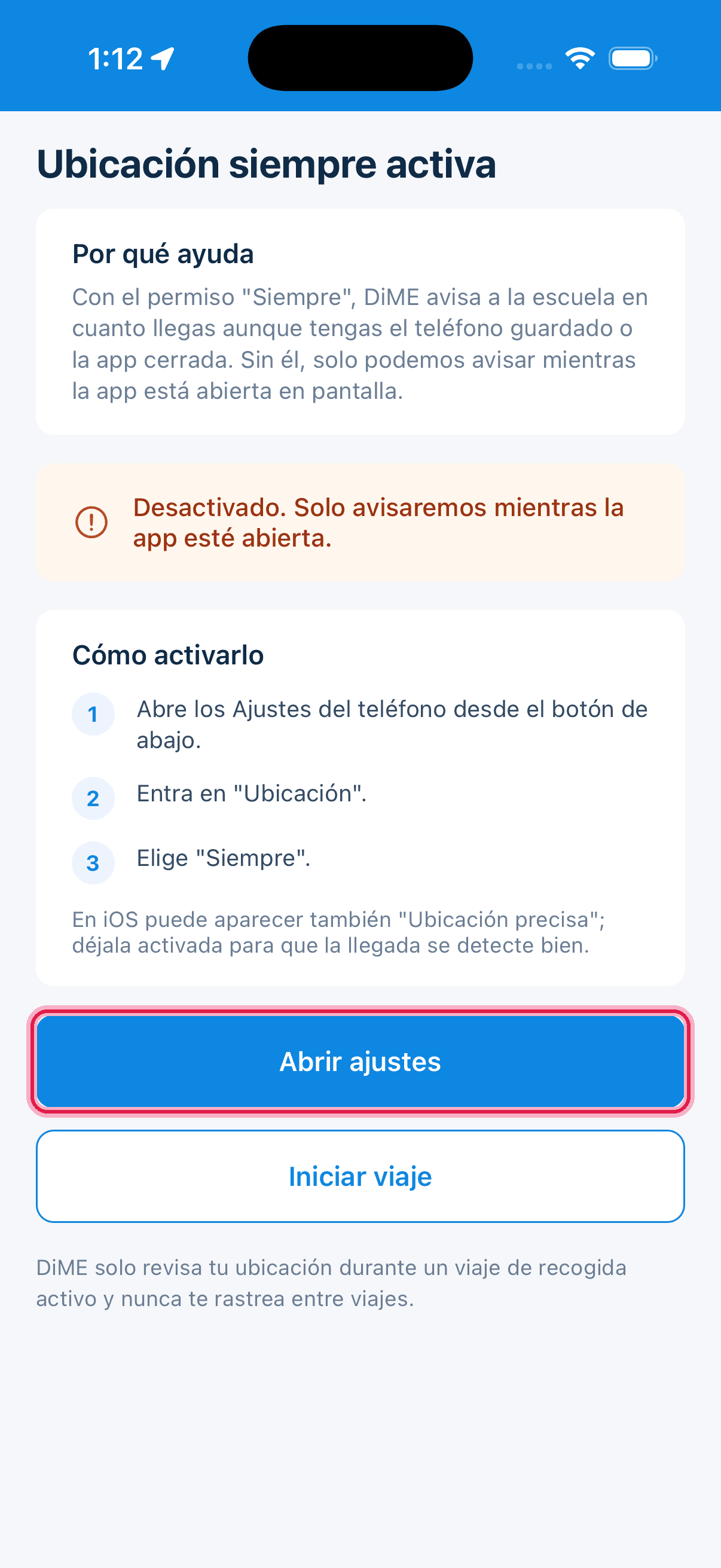 Explicación de ubicación siempre activa con Abrir ajustes resaltado
