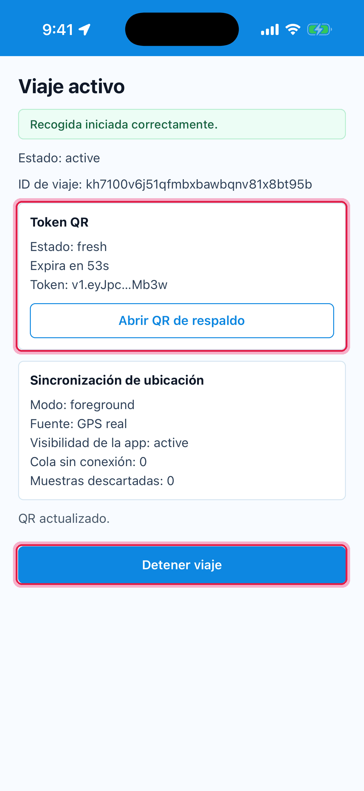 Viaje activo con QR de respaldo y botón Detener viaje resaltados
